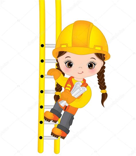 Vector Cute Little Girl Builder Climbing Up The Ladder And
