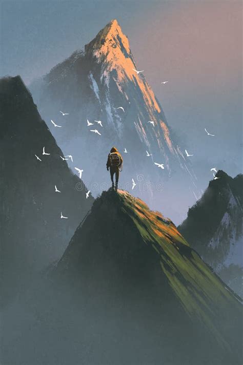 Man Standing On Top Of Mountain Stock Illustration Illustration Of