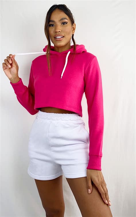 Hot Pink Basic Crop Hoodie Tops Prettylittlething Aus