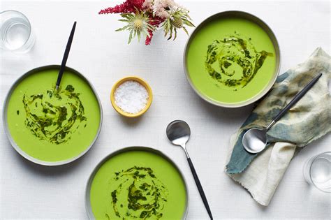 Start your soups a couple days prior. Cold Pea Soup With Herbed Oil Swirl recipe | Epicurious.com