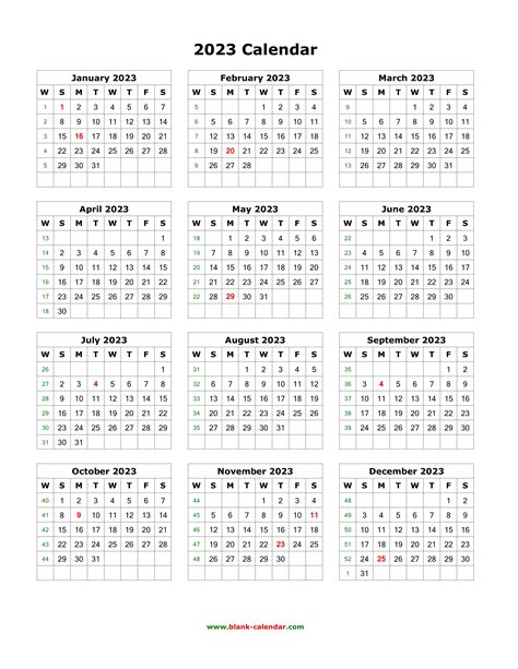 Free Printable Yearly Calendar 2023 One Page
