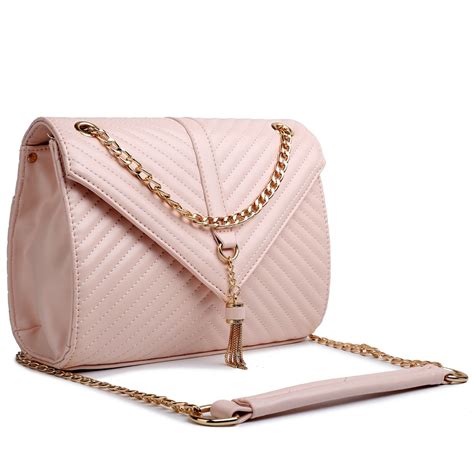 E1635 Miss Lulu Leather Look Quilted Chain Shoulder Bag Pink