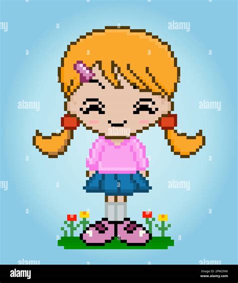 8 Bit Of Pixel Womens Character Anime Cartoon Girl In Vector