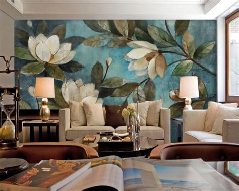Beibehang Large Mural Oil Painting Floral Blue Gardenia