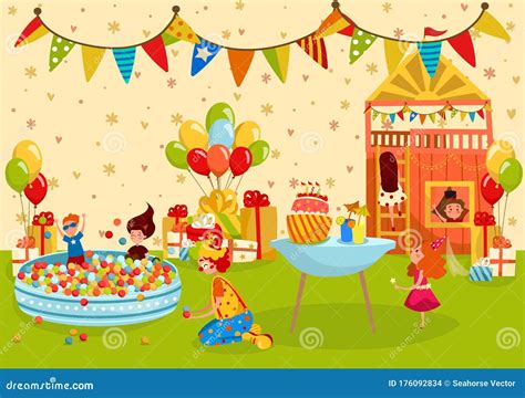 Children Birthday Party Kids Playground People Vector Illustration