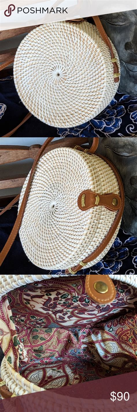 Medium Light Straw Circle Bag W Mocha Strap Bali Vintage Designer