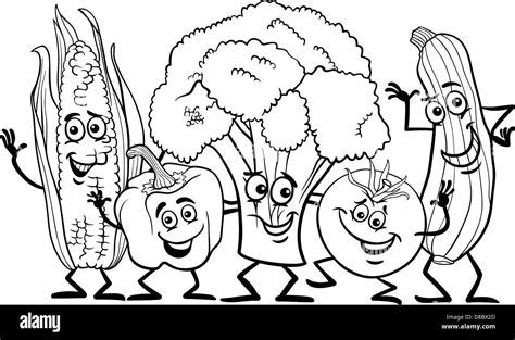 Black And White Cartoon Illustration Of Happy Vegetables Food