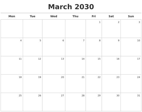 March 2030 Calendar Maker