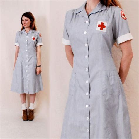 vintage 40s 1940s nurse uniform dress m l red cross nursing etsy nurse dress uniform red