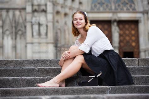 Young Positive Female Barefoot In The City Center Stock Image Image