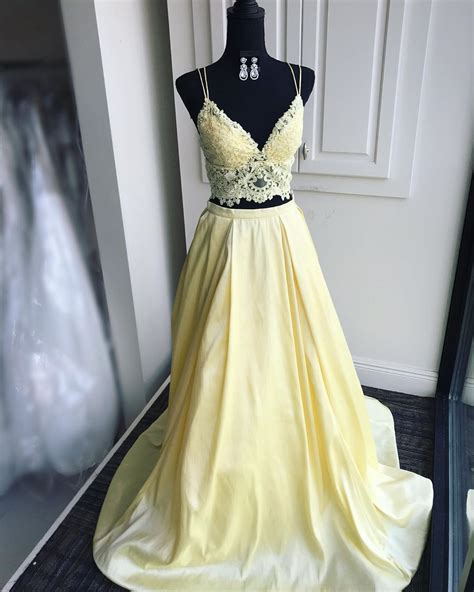 Two Piece Yellow Prom Dress With Lace Top From Ladyboutiques Prom
