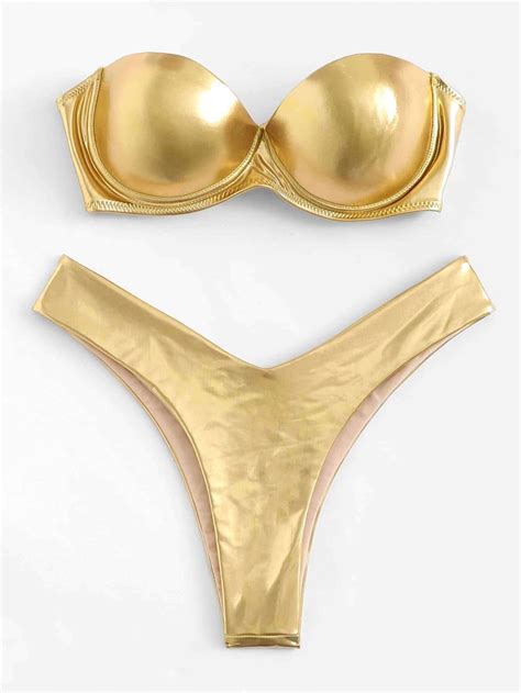gold metallic underwire bandeau swimsuit with high leg bikini bottom