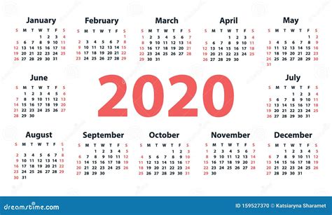 Calendar 2020 Starting From Sunday Vector Stock Vector Illustration
