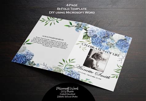 Funeral Program Template Watercolor Blue Hydrangeas Printable Memorial