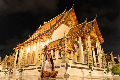 Asian Buddhist Woman Wearing Traditional Dress Of Thailand Sitting For Meditation To Pay Respect