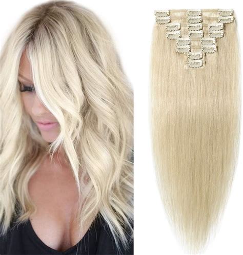 8 24 Clip In Hair Extension Real Human Hair 100 Remy 60 Platinum Blonde 8pcs Full Head