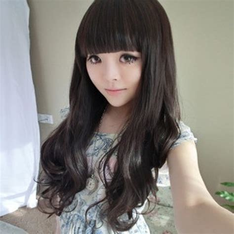 Aliexpress Long Wavy Hair Wigs Lovely Girl Non Mainstream Long Curly Wig With Neat Bangs Korea