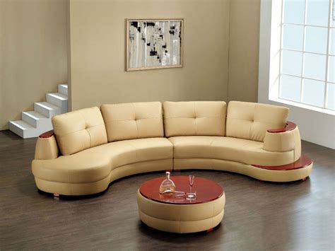 Luxurious Creamy Curved Sectional Sofa Clearance Idea With Round Red Coffee Table And Open Plan 