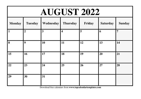 Printable Calendar August 2022 Monthly Templates