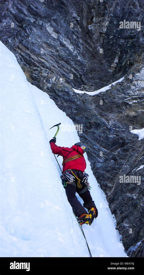 Ice Climbing In Switzerland In The Sertig Valley Near Davos Stock Photo