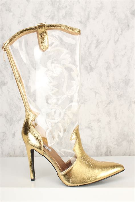 Gold Embroider Detail Pointy Toe High Heel Boots Patent Faux Leather