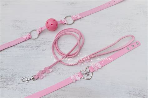 Ddlg Pretty Pink Bdsm Bondage Collar Leash Ball Gag Set Bows Etsy