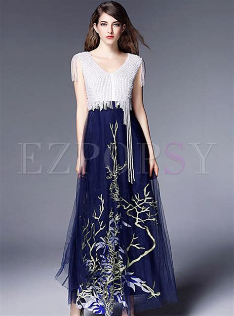 Dresses Maxi Dresses Elegant Bead Embroidery High Waist Maxi Dress