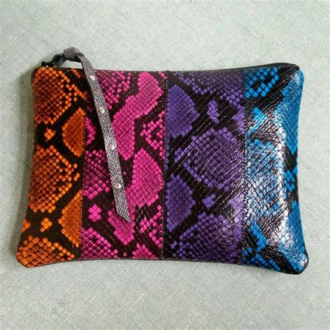Rainbow Snake Print Leather Zipper Clutch Bag Jewel Toned Snake