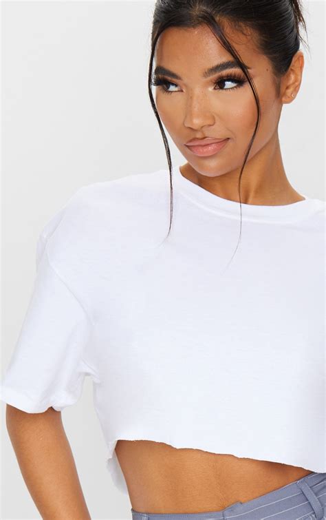White Oversized Crop T Shirt Tops Prettylittlething Ie