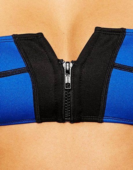 Asos Scuba Zip Front Bandeau Bikini Top In Blue Blackblue Lyst