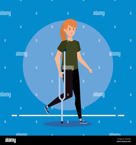Woman Walking With Crutches To Special Rehabilitation Stock Vector