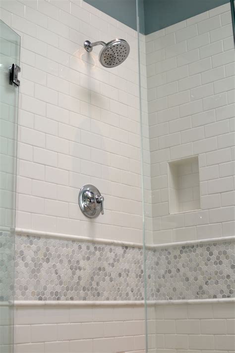 White Subway Tile With Accent Tile Bathroom