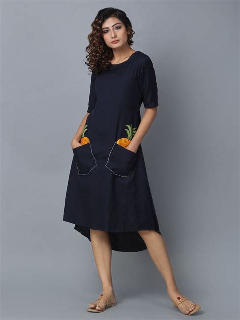 Buy Blue Cotton Linen Asymmetric Dress Online At Theloom