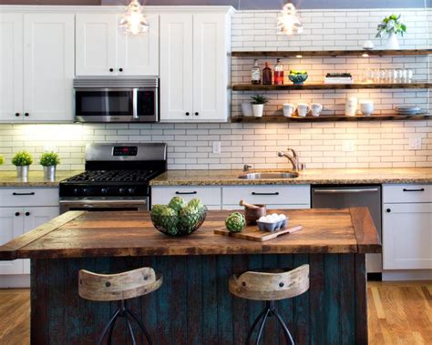 Transitional White Kitchen With Rustic Island Hgtv