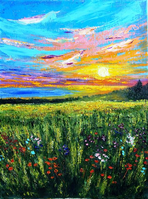 Flower Meadow Painting Original Oil Landscape Artwork Floral Etsy