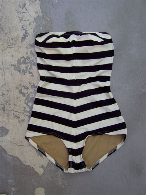 black and white striped 50s barbie style swimsuit by lengo28 want this reminds me of my moms