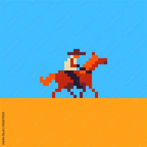 8bit Cowboy On Horse Pixel Art Vector Illustration Wild West Design