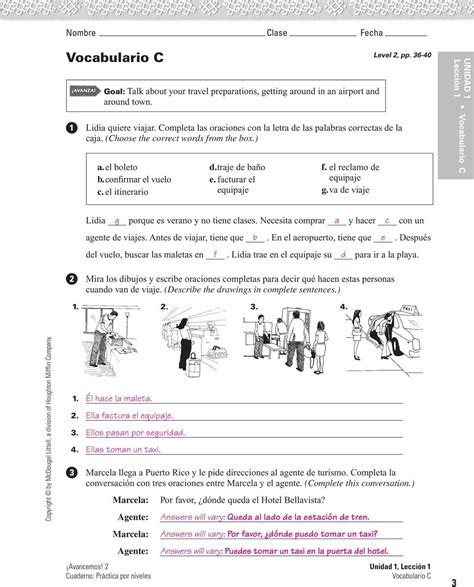 Unidad 4 Leccion 1 Vocabulario B Answer Key Examen Final Unidad 2