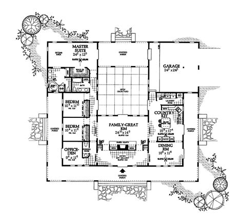 Large single story floor plans offer space for families and entertainment; U Shaped House Plan with Courtyard | floor plans | Pinterest
