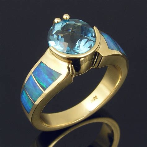 Australian Opal Ring With Blue Topaz In 14k Gold Etsy