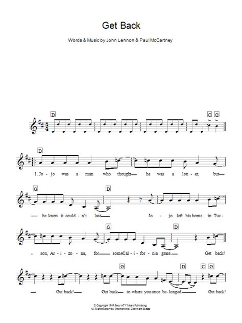 Get Back Sheet Music The Beatles Piano Chordslyrics