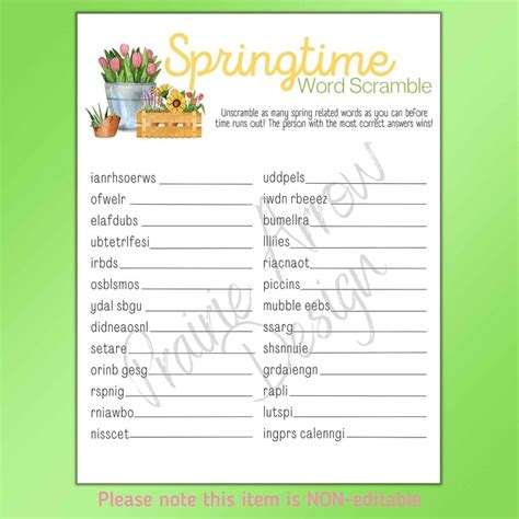 Spring Word Scramble Printable Game Springtime Group Party Etsy