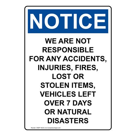 Vertical We Are Not Responsible For Accidents Sign Osha Notice