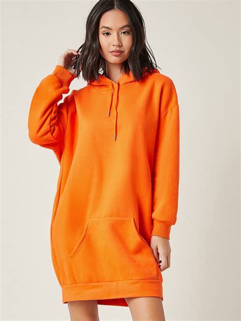 Drop Shoulder Drawstring Hooded Sweatshirt Dress Shein Usa Orange