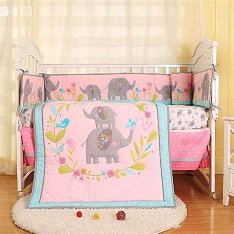 Baby Girl Crib Bedding Sets Bumper Pad Pink Floral Nursery Elephant