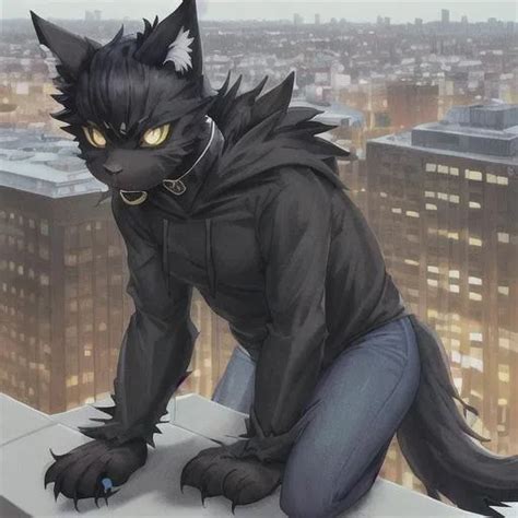 A Bipedal Furry Black Cat With Yellow Eyes Waring A