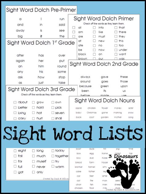 Easy To Use Dolch Sight Word Lists To Print 3 Dinosaurs