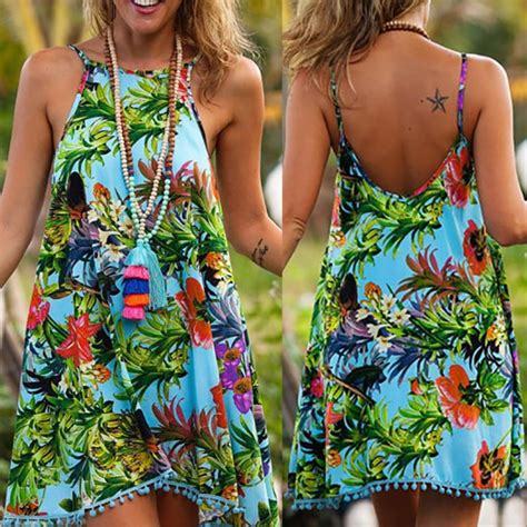 Stylish Bohemian Print Tassel Hem Casual Slip Dress Short Beach Dresses Fashion Short Mini Dress