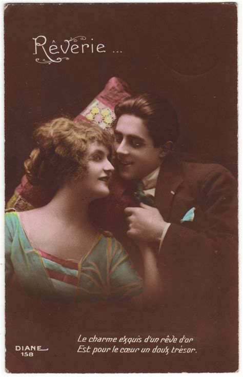 French Postcard Romantic Couple On A Pillow Vintage Hand Tinted Postcard Antique 1920s