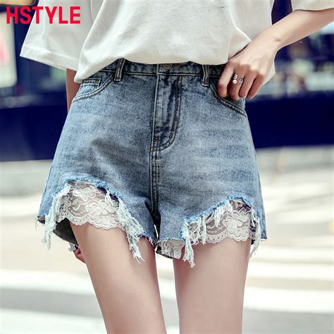 hstyle 2018 summer denim shorts korean style lace pocket high waist short jeans women chic loose